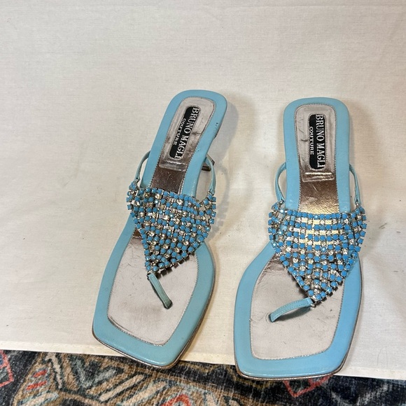 Bruno Magli Shoes - Vintage Y2K Bruno Magli Couture Aqua Rhinestone Kitten Heel Sandals Women's 7.5